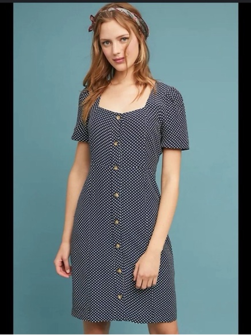 Anthropologie Navy and White Polka Dot Midi Dress